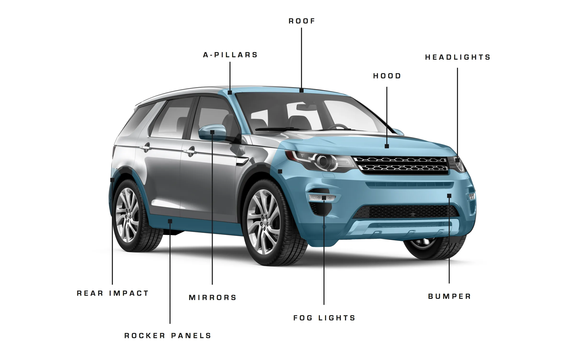 Vehicle wrap and paint protection areas diagram used in MangoArts Melbourne installs
